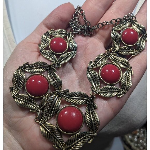 Floral Red And Gold Medallion Link Statement Necklace - Picture 3 of 5